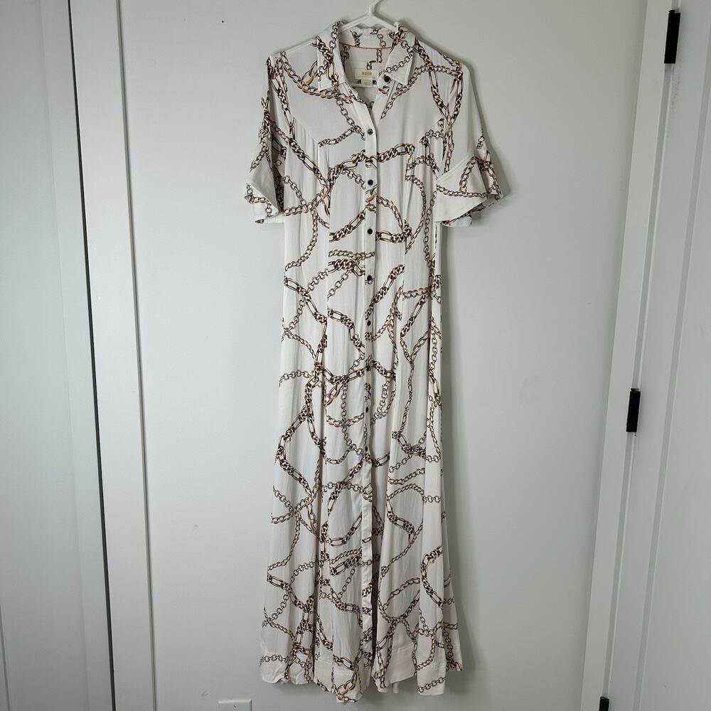 Anthropologie White Maxi Dress with Brown Chain Print